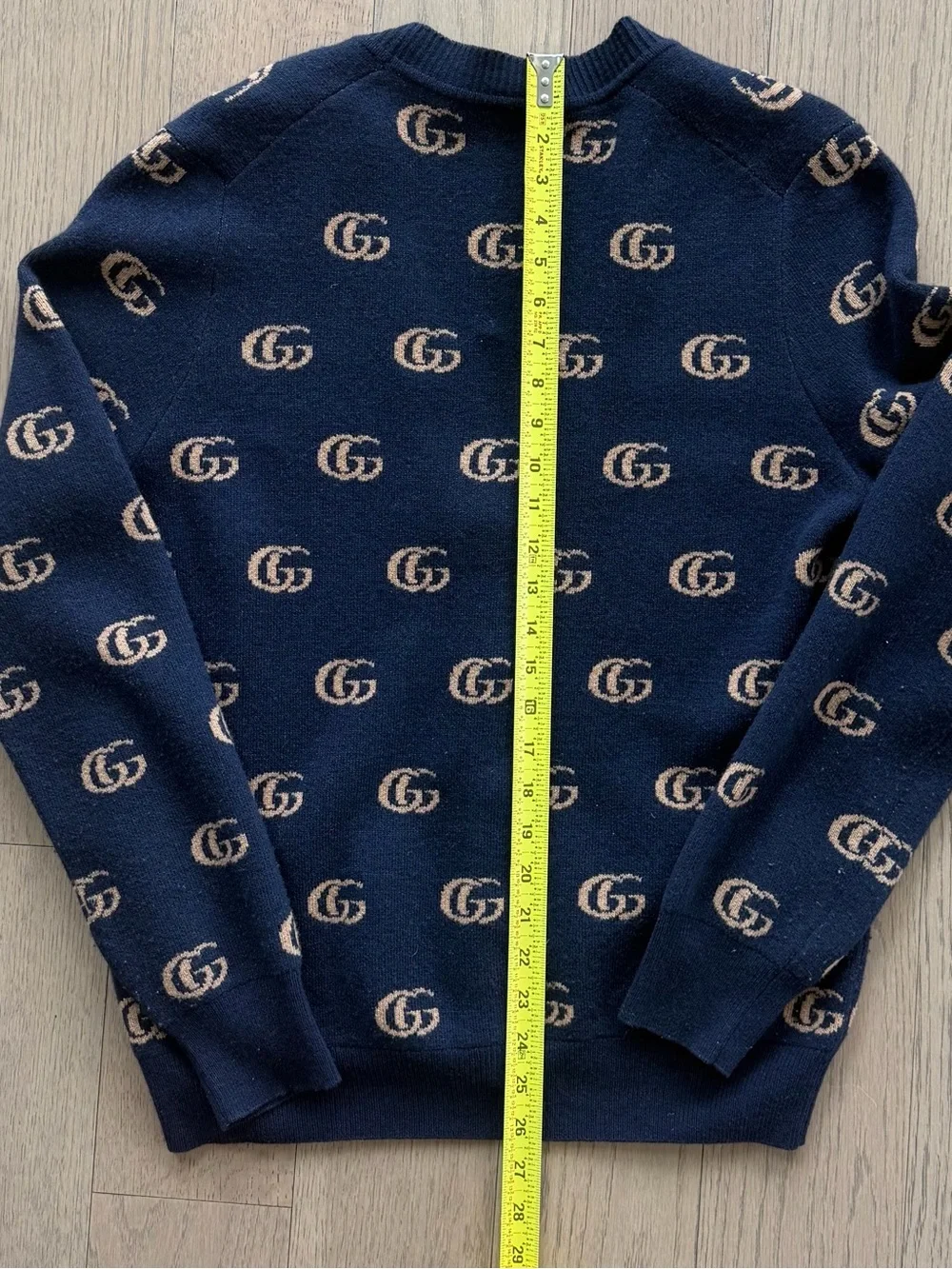 Gucci Navy and Beige 100% Wool GG Logo Cardigan